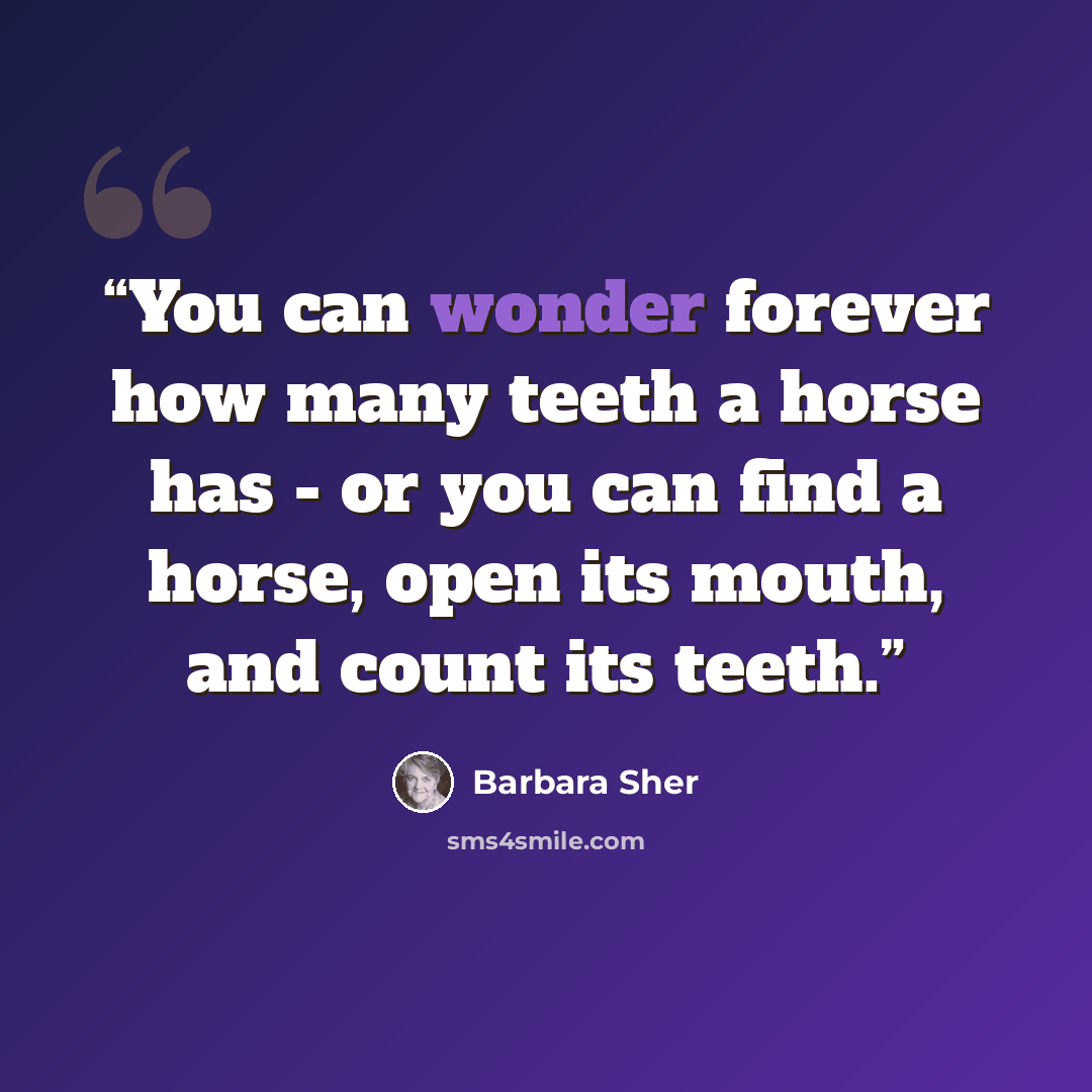 “You can wonder forever how many teeth a horse has - or you can find a horse, open its mouth, and count its teeth.” quote by Barbara Sher