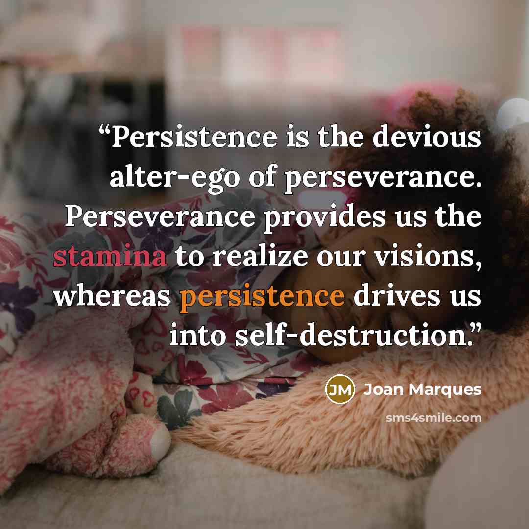 “Persistence is the devious alter-ego of perseverance. Perseverance provides us the stamina to realize our visions, whereas persistence drives us into self-destruction.” quote by Joan Marques