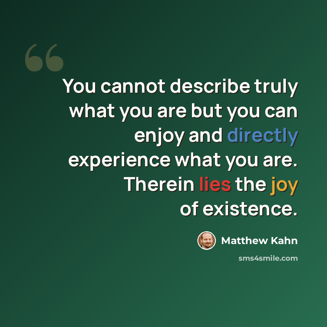 “You cannot describe truly what you are but you can enjoy and directly experience what you are. Therein lies the joy of existence.” quote by Matthew Kahn