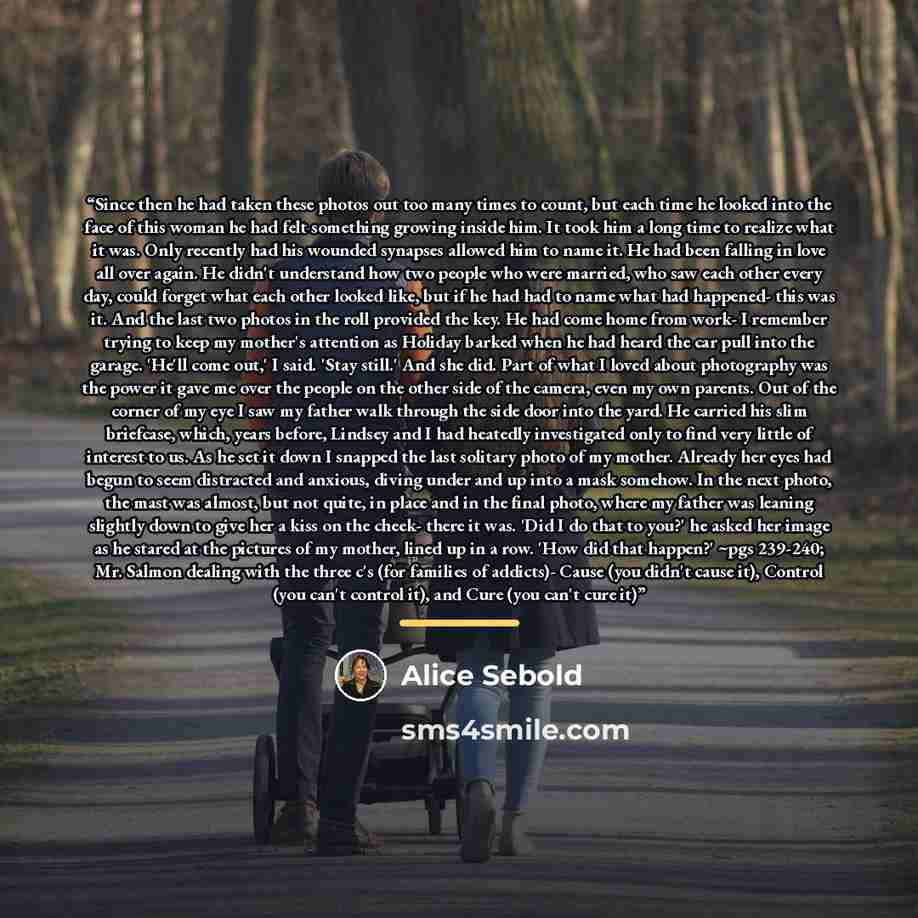 “Since then he had taken these photos out too many times to count, but each time he looked into the face of this woman he had felt something growing inside him. It took him a long time to realize what it was. Only recently had his wounded synapses allowed him to name it. He had been falling in love…” quote by Alice Sebold