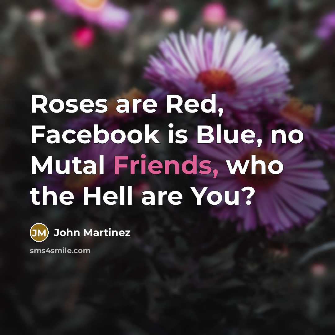 “Roses are Red, Facebook is Blue, no Mutal Friends, who the Hell are You?” quote by John Martinez