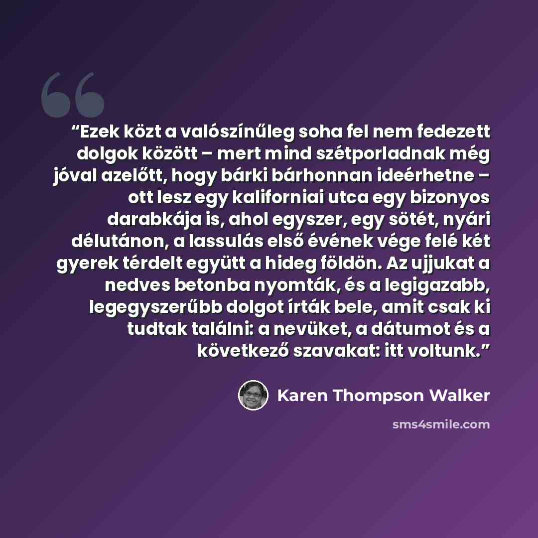 “Ezek közt a valószínűleg soha fel nem fedezett dolgok között – mert mind szétporladnak még jóval azelőtt, hogy bárki bárhonnan ideérhetne – ott lesz egy kaliforniai utca egy bizonyos darabkája is, ahol egyszer, egy sötét, nyári délutánon, a lassulás első évének vége felé két gyerek térdelt együtt…” quote by Karen Thompson Walker