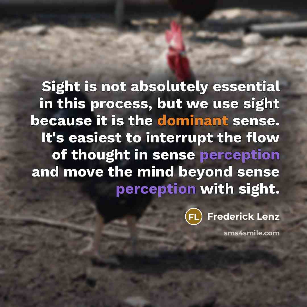 “Sight is not absolutely essential in this process, but we use sight because it is the dominant sense. It's easiest to interrupt the flow of thought in sense perception and move the mind beyond sense perception with sight.” quote by Frederick Lenz