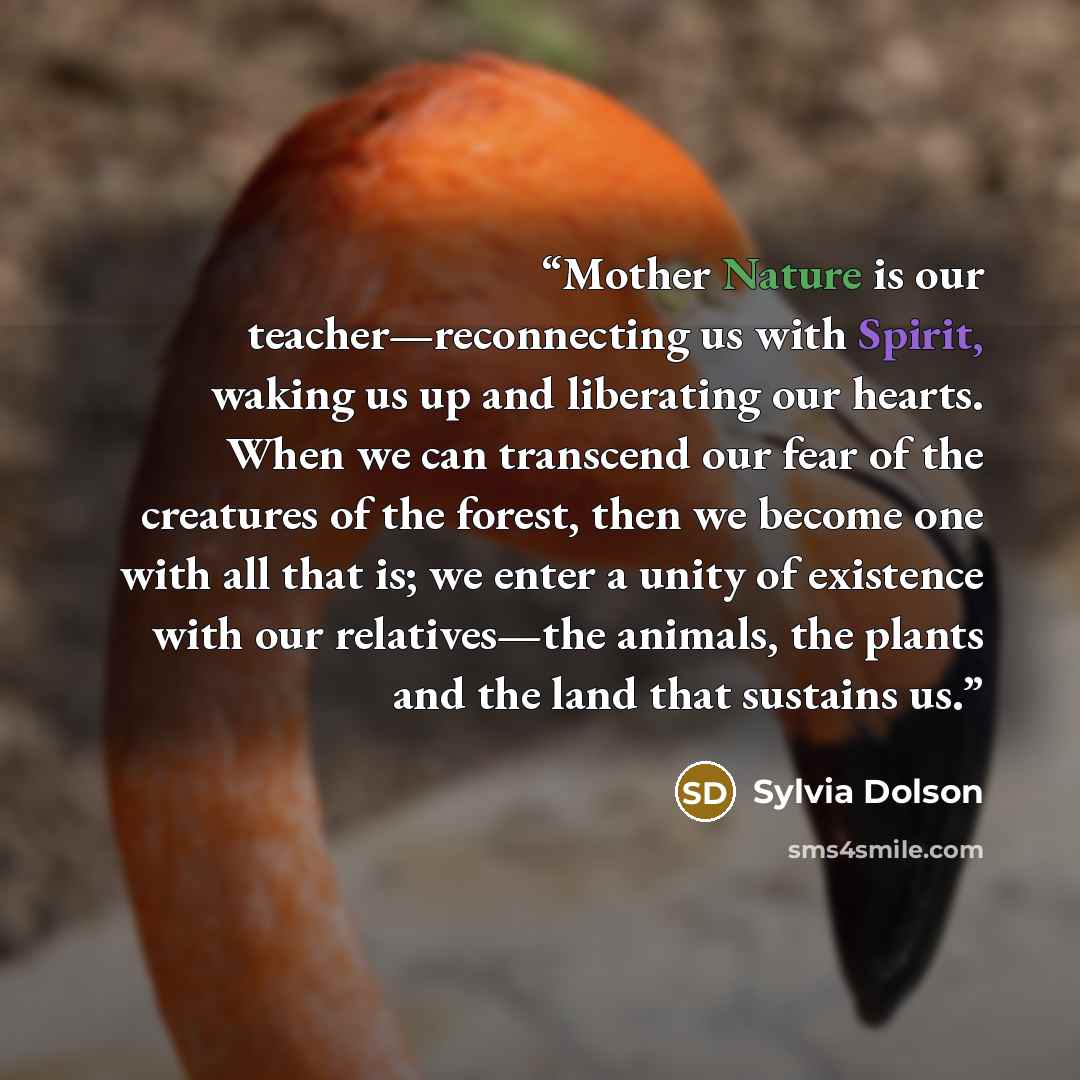 “Mother Nature is our teacher—reconnecting us with Spirit, waking us up and liberating our hearts. When we can transcend our fear of the creatures of the forest, then we become one with all that is; we enter a unity of existence with our relatives—the animals, the plants and the land that sustains…” quote by Sylvia Dolson