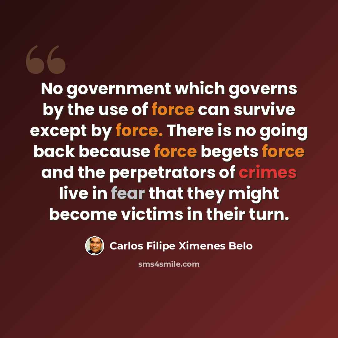 “No government which governs by the use of force can survive except by force. There is no going back because force begets force and the perpetrators of crimes live in fear that they might become victims in their turn.” quote by Carlos Filipe Ximenes Belo