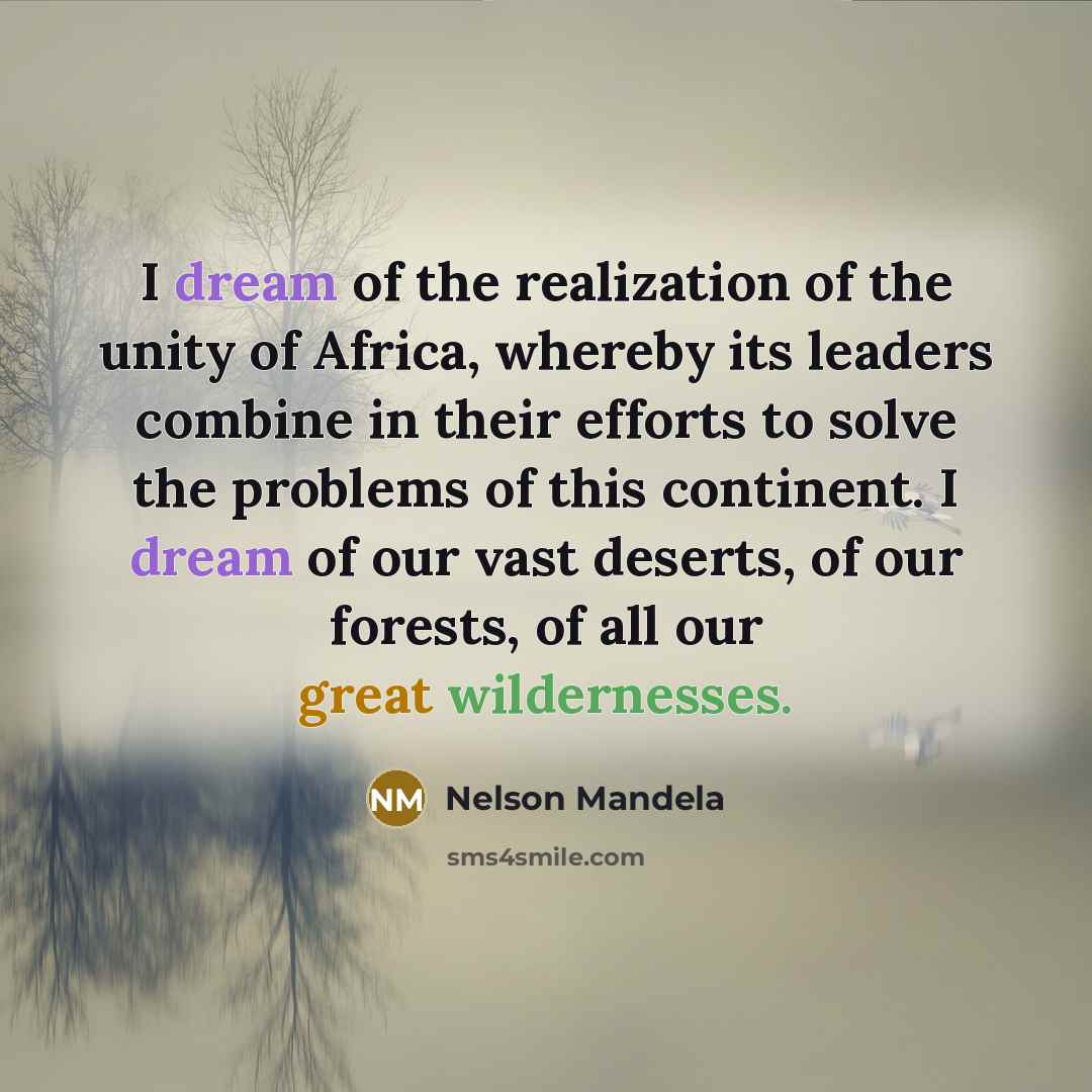 “I dream of the realization of the unity of Africa, whereby its leaders combine in their efforts to solve the problems of this continent. I dream of our vast deserts, of our forests, of all our great wildernesses.” quote by Nelson Mandela