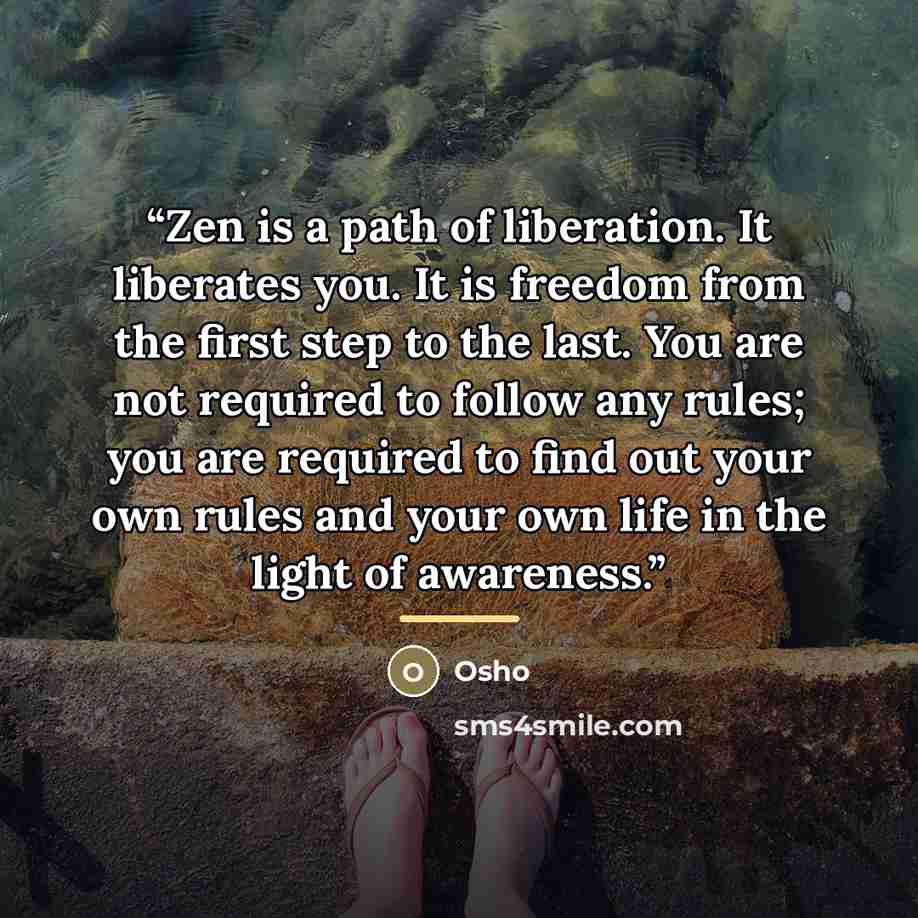 “Zen is a path of liberation. It liberates you. It is freedom from the first step to the last. You are not required to follow any rules; you are required to find out your own rules and your own life in the light of awareness.” quote by Osho