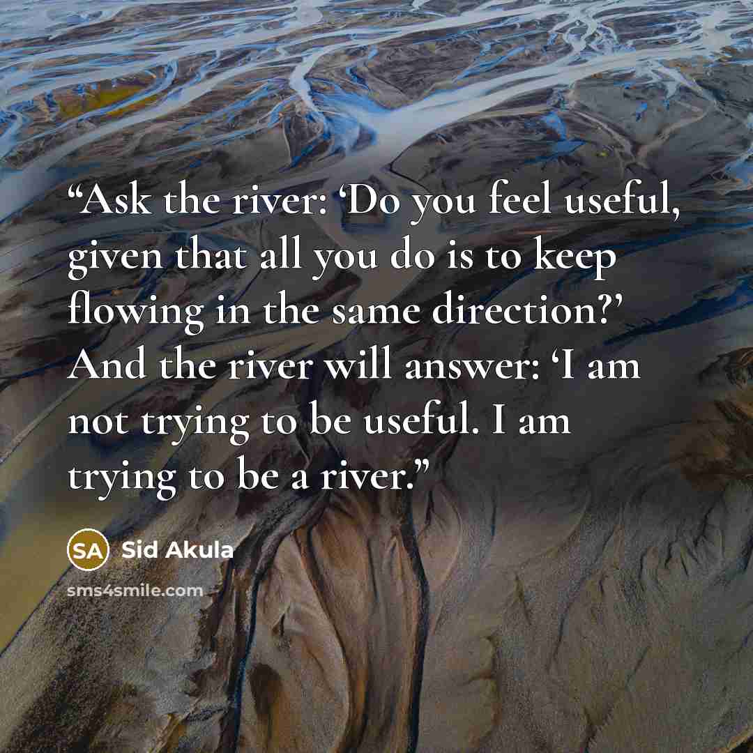 “Ask the river: ‘Do you feel useful, given that all you do is to keep flowing in the same direction?’ And the river will answer: ‘I am not trying to be useful. I am trying to be a river.” quote by Sid Akula