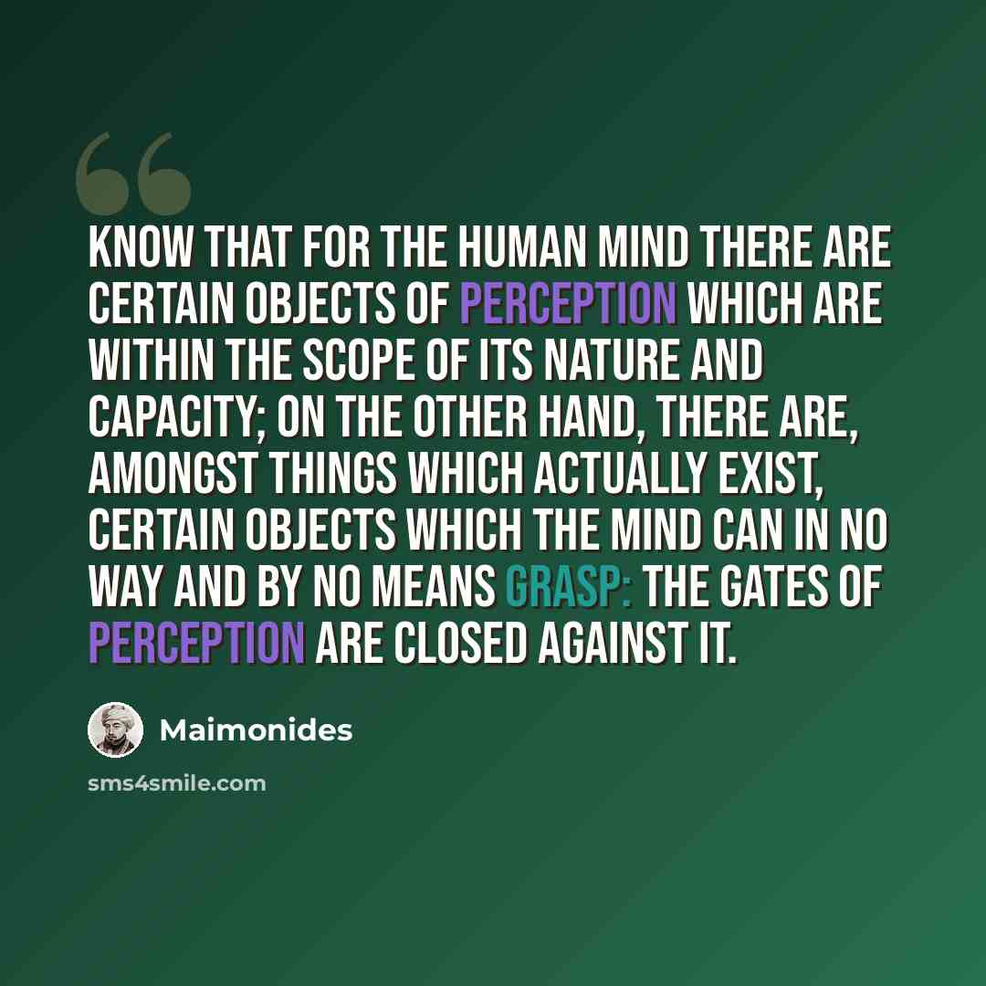 “Know that for the human mind there are certain objects of perception which are within the scope of its nature and capacity; on the other hand, there are, amongst things which actually exist, certain objects which the mind can in no way and by no means grasp: the gates of perception are closed…” quote by Maimonides