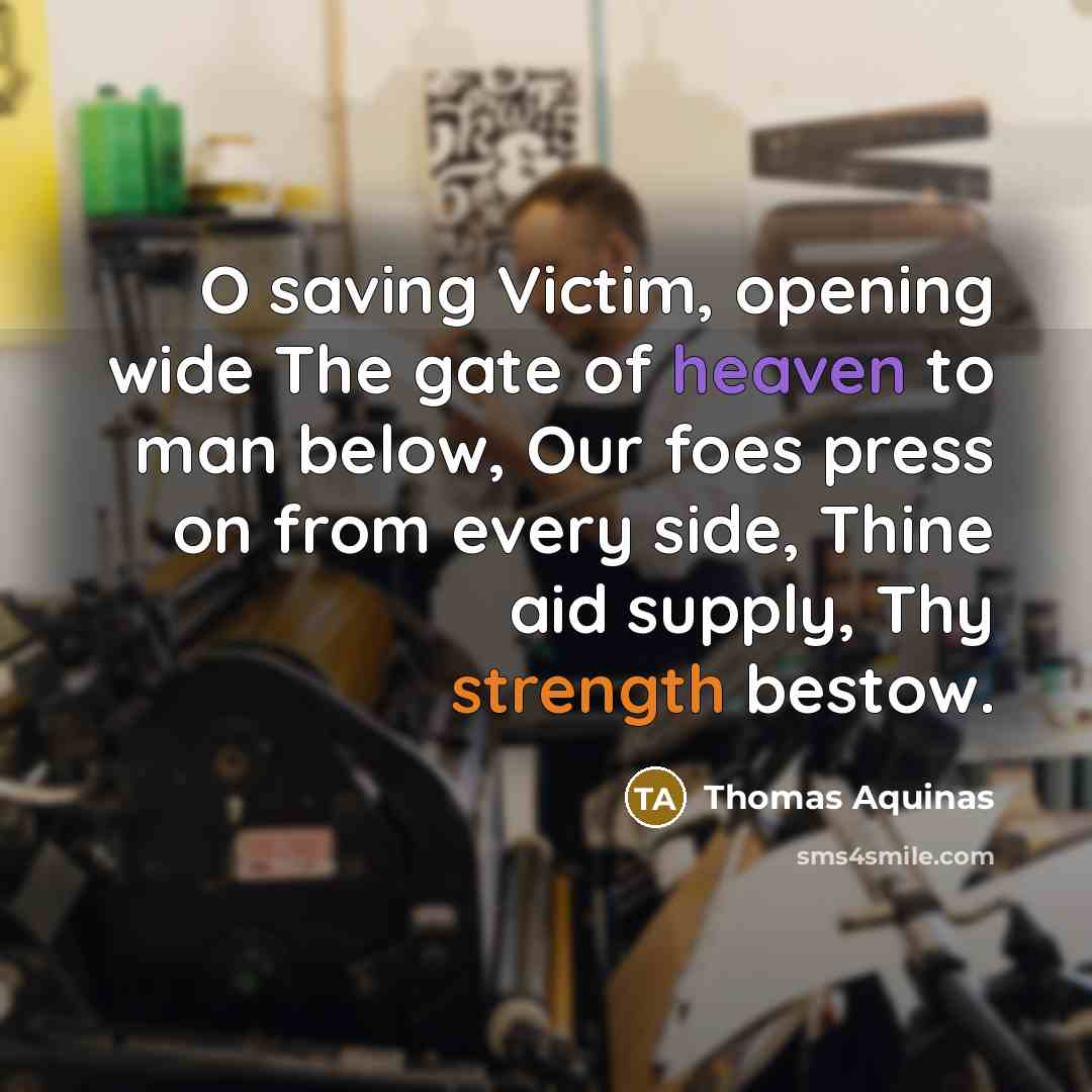 “O saving Victim, opening wide The gate of heaven to man below, Our foes press on from every side, Thine aid supply, Thy strength bestow.” quote by Thomas Aquinas