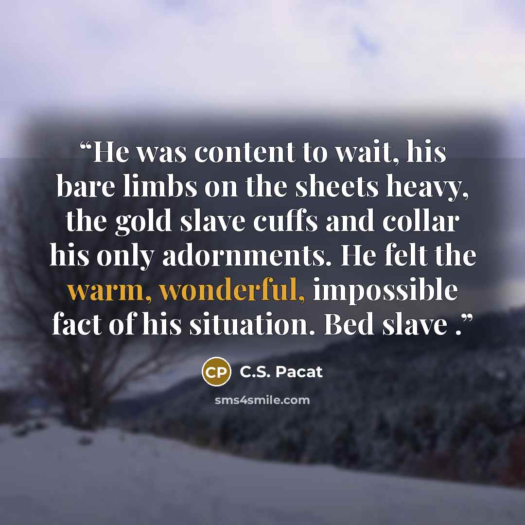 “He was content to wait, his bare limbs on the sheets heavy, the gold slave cuffs and collar his only adornments. He felt the warm, wonderful, impossible fact of his situation. Bed slave .” quote by C.S. Pacat