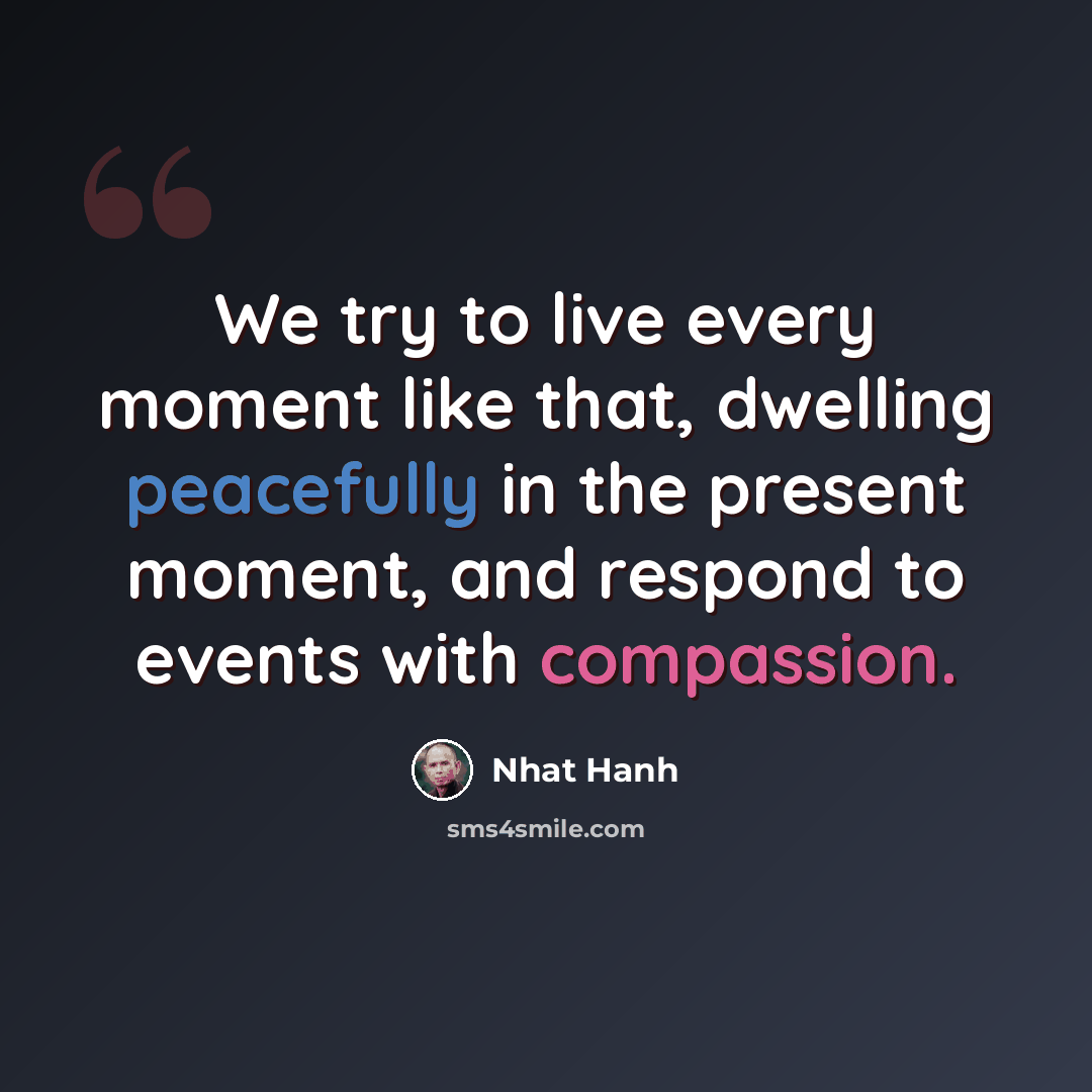 “We try to live every moment like that, dwelling peacefully in the present moment, and respond to events with compassion.” quote by Nhat Hanh