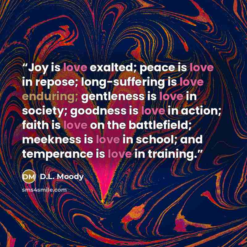 “Joy is love exalted; peace is love in repose; long-suffering is love enduring; gentleness is love in society; goodness is love in action; faith is love on the battlefield; meekness is love in school; and temperance is love in training.” quote by D.L. Moody