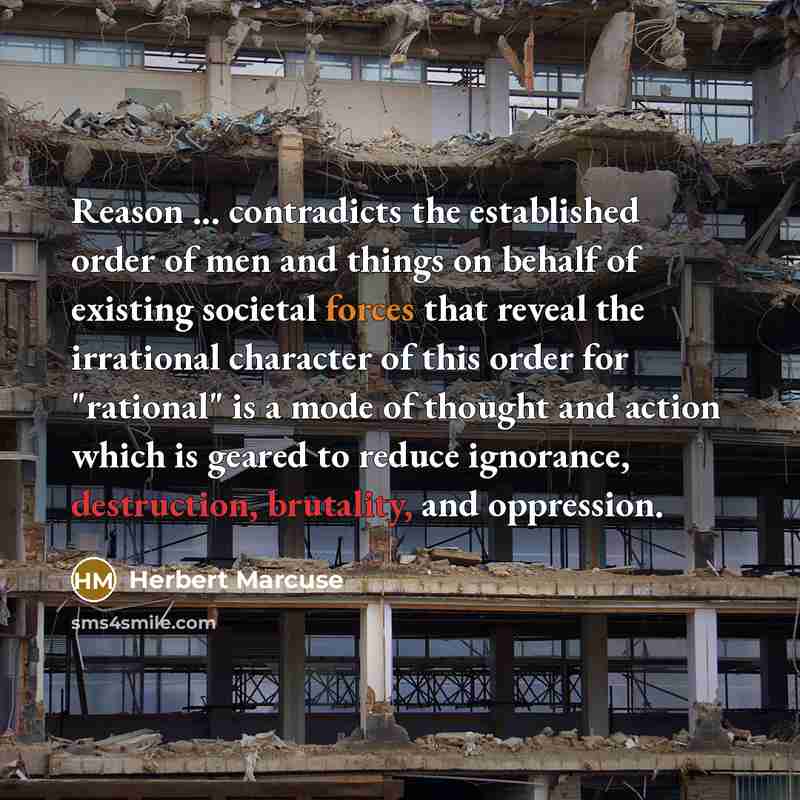 “Reason ... contradicts the established order of men and things on behalf of existing societal forces that reveal the irrational character of this order for "rational" is a mode of thought and action which is geared to reduce ignorance, destruction, brutality, and oppression.” quote by Herbert Marcuse