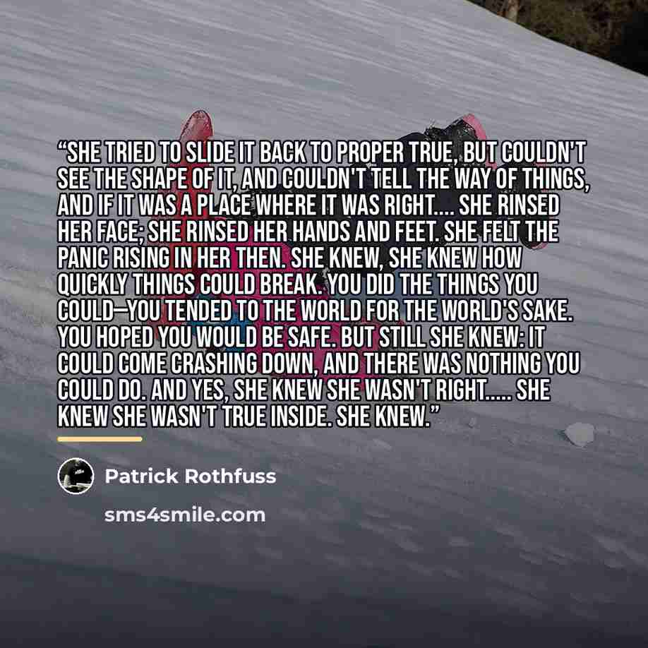 “She tried to slide it back to proper true, but couldn't see the shape of it, and couldn't tell the way of things, and if it was a place where it was right… She rinsed her face; she rinsed her hands and feet. She felt the panic rising in her then. She knew, she knew how quickly things could break…” quote by Patrick Rothfuss