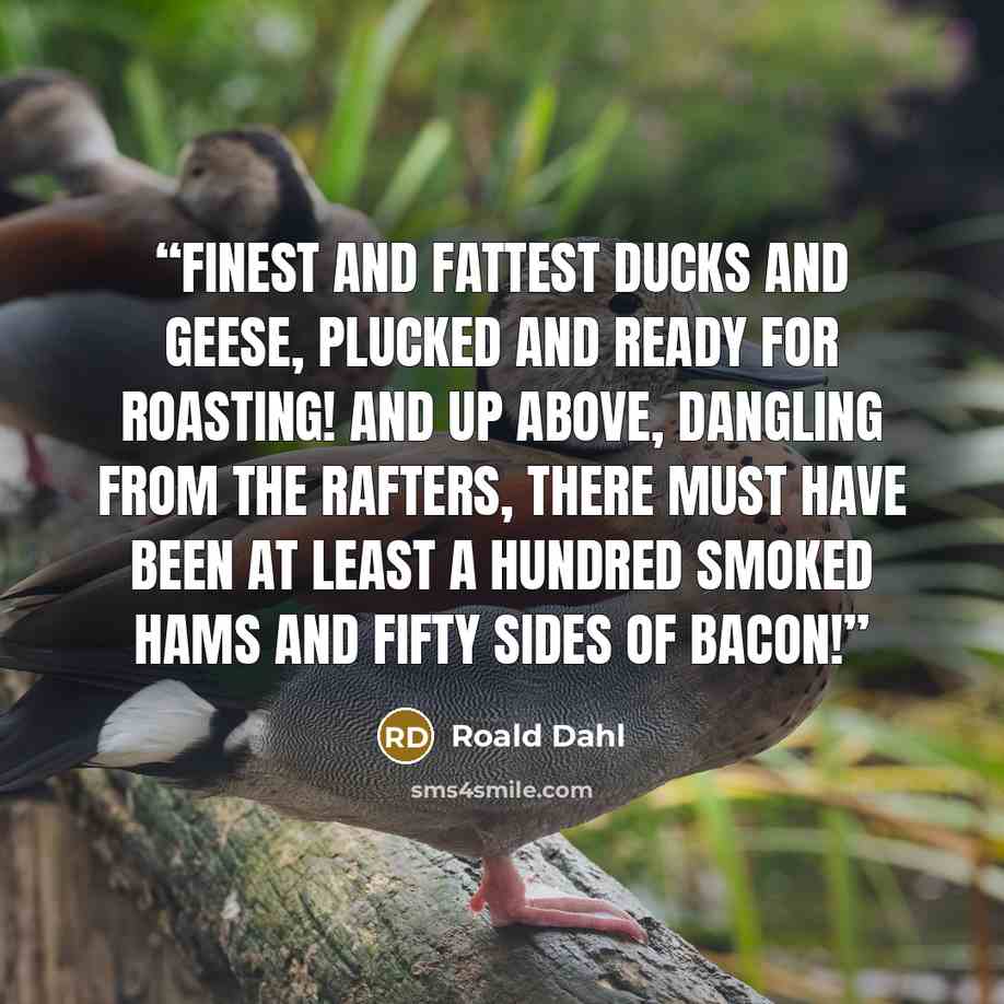 “finest and fattest ducks and geese, plucked and ready for roasting! And up above, dangling from the rafters, there must have been at least a hundred smoked hams and fifty sides of bacon!” quote by Roald Dahl