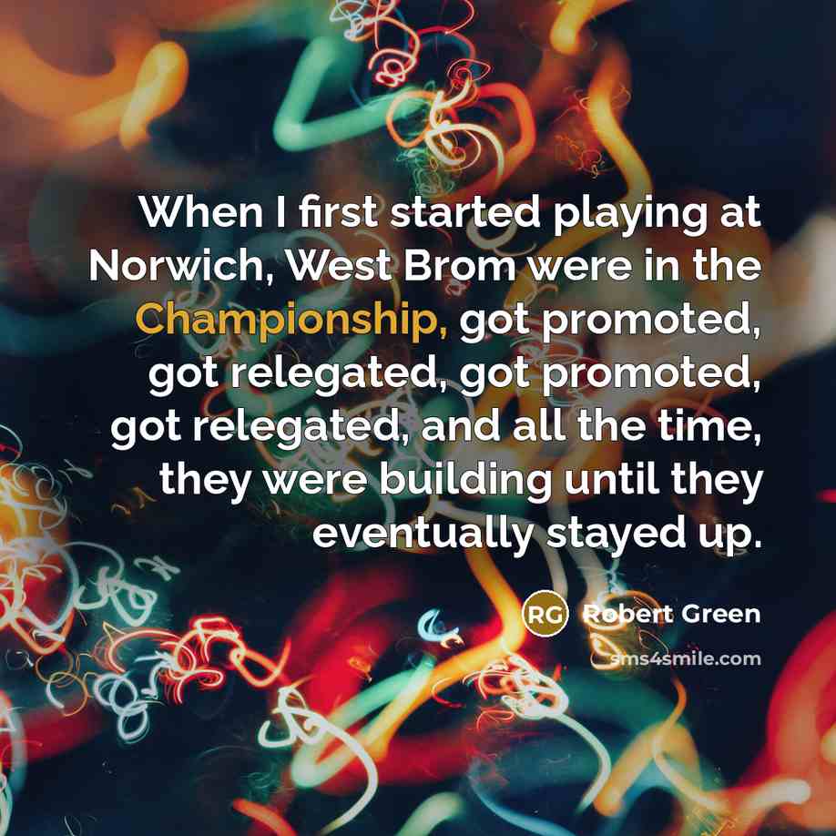 “When I first started playing at Norwich, West Brom were in the Championship, got promoted, got relegated, got promoted, got relegated, and all the time, they were building until they eventually stayed up.” quote by Robert Green