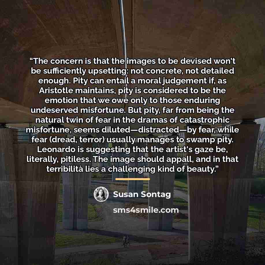 “The concern is that the images to be devised won't be sufficiently upsetting: not concrete, not detailed enough. Pity can entail a moral judgement if, as Aristotle maintains, pity is considered to be the emotion that we owe only to those enduring undeserved misfortune. But pity, far from being the…” quote by Susan Sontag
