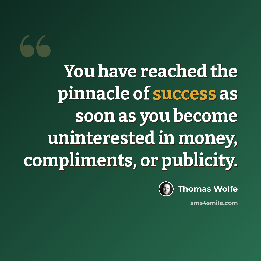 “You have reached the pinnacle of success as soon as you become uninterested in money, compliments, or publicity.” quote by Thomas Wolfe
