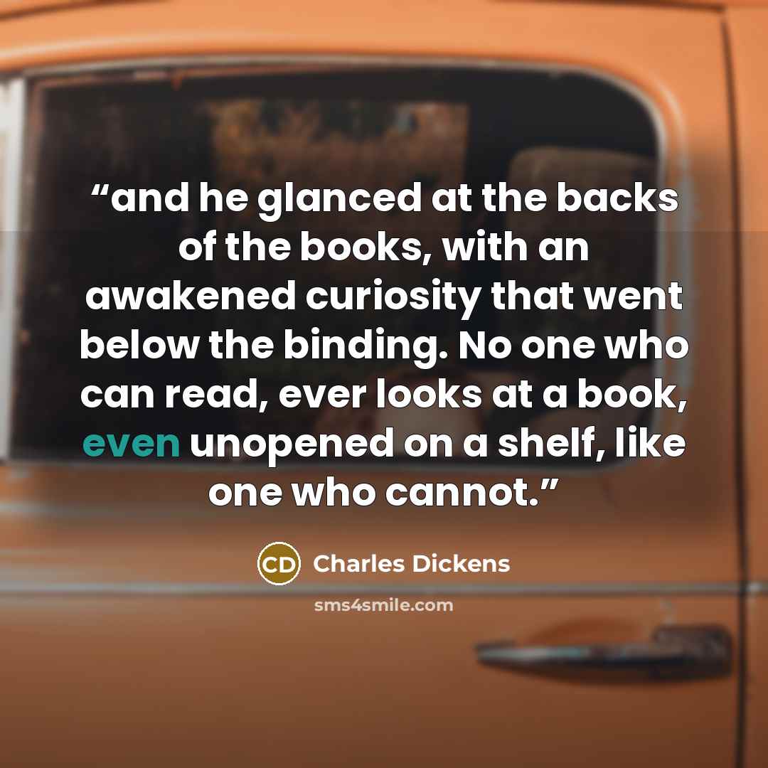 “and he glanced at the backs of the books, with an awakened curiosity that went below the binding. No one who can read, ever looks at a book, even unopened on a shelf, like one who cannot.” quote by Charles Dickens