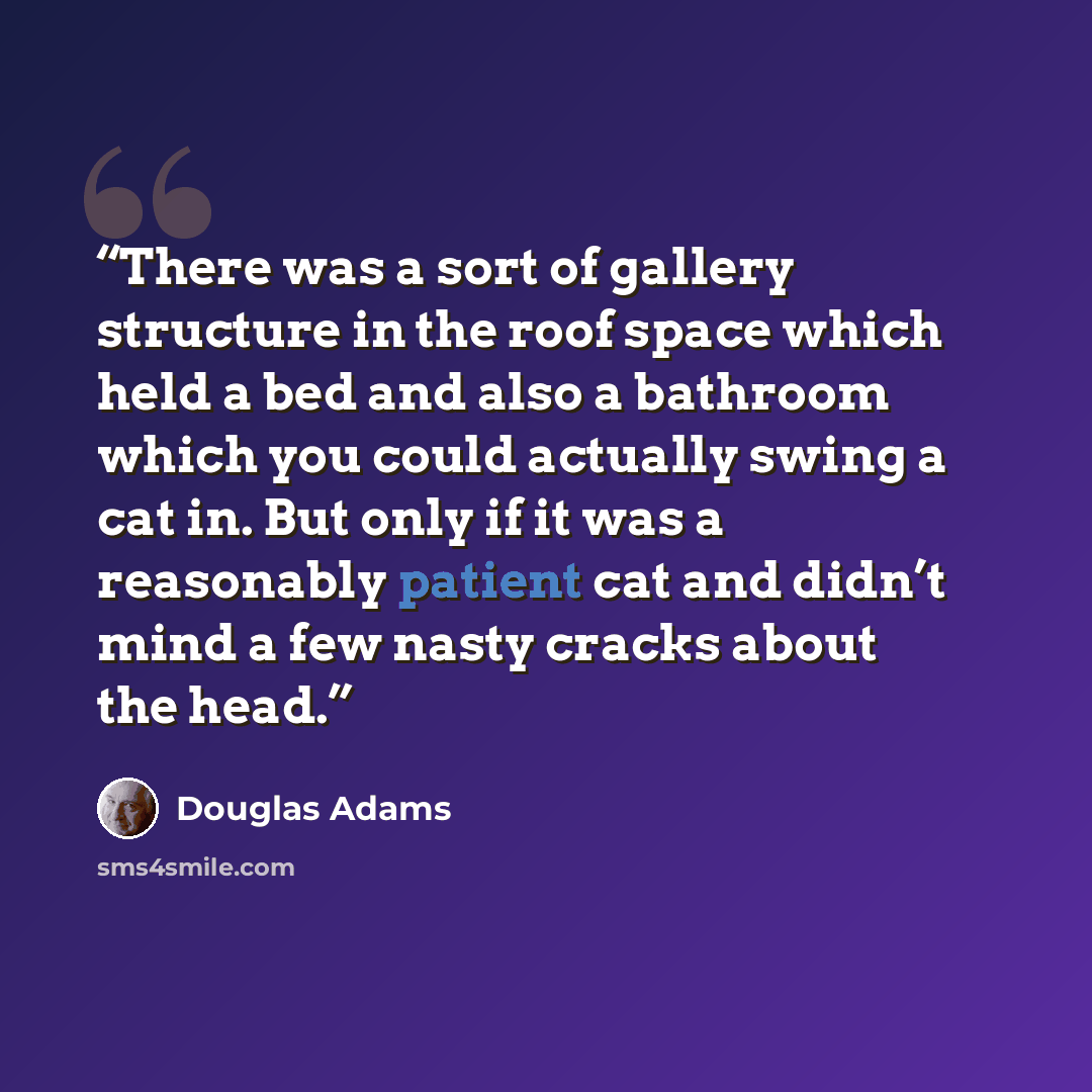 “There was a sort of gallery structure in the roof space which held a bed and also a bathroom which you could actually swing a cat in. But only if it was a reasonably patient cat and didn’t mind a few nasty cracks about the head.” quote by Douglas Adams