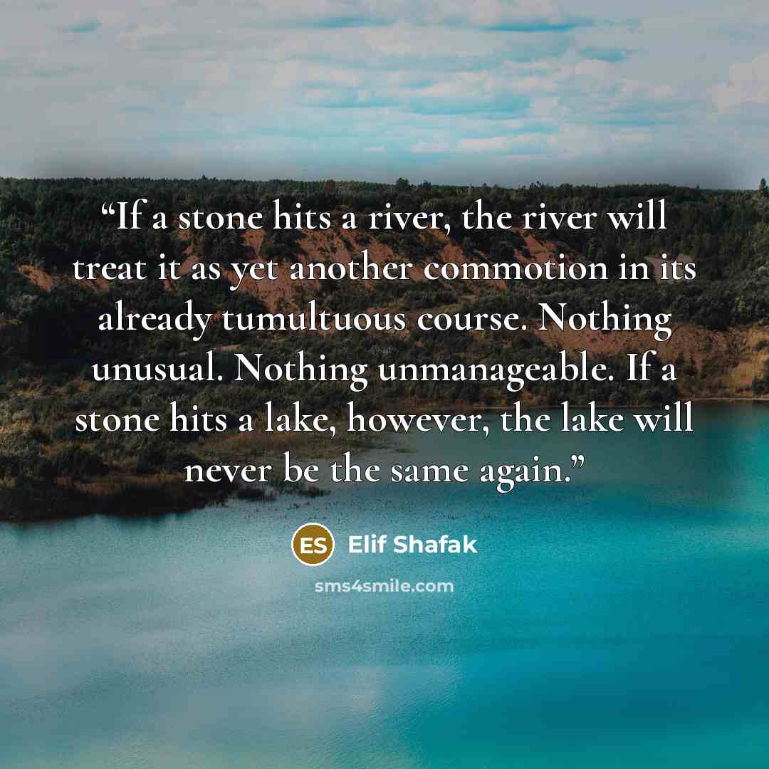 “If a stone hits a river, the river will treat it as yet another commotion in its already tumultuous course. Nothing unusual. Nothing unmanageable. If a stone hits a lake, however, the lake will never be the same again.” quote by Elif Shafak