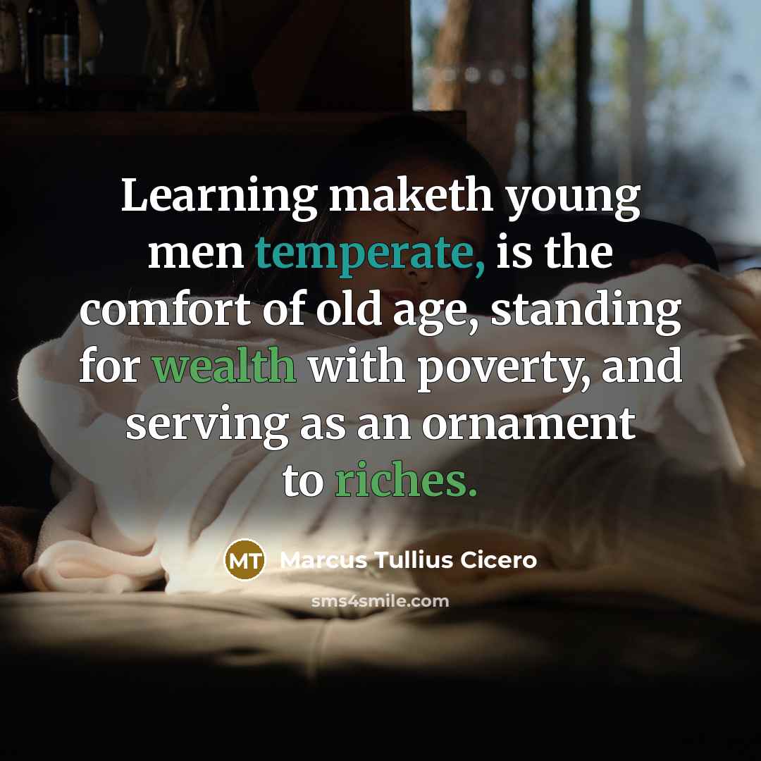 “Learning maketh young men temperate, is the comfort of old age, standing for wealth with poverty, and serving as an ornament to riches.” quote by Marcus Tullius Cicero
