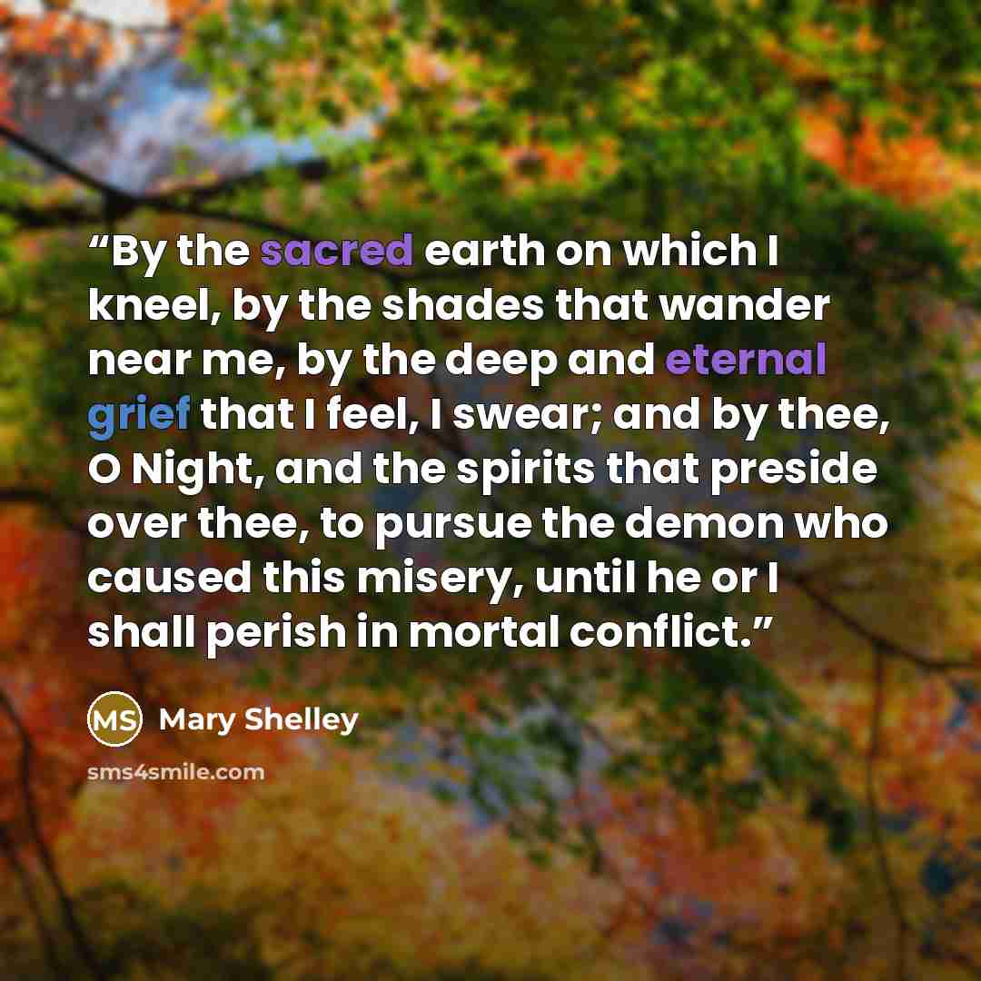 “By the sacred earth on which I kneel, by the shades that wander near me, by the deep and eternal grief that I feel, I swear; and by thee, O Night, and the spirits that preside over thee, to pursue the demon who caused this misery, until he or I shall perish in mortal conflict.” quote by Mary Shelley