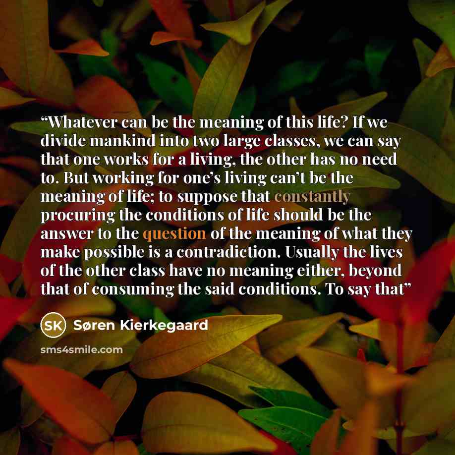 “Whatever can be the meaning of this life? If we divide mankind into two large classes, we can say that one works for a living, the other has no need to. But working for one’s living can’t be the meaning of life; to suppose that constantly procuring the conditions of life should be the answer to…” quote by Søren Kierkegaard