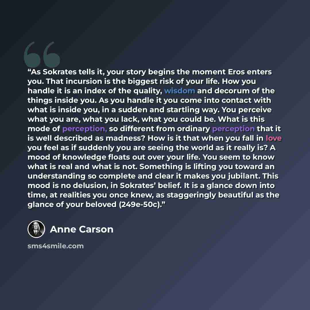 “As Sokrates tells it, your story begins the moment Eros enters you. That incursion is the biggest risk of your life. How you handle it is an index of the quality, wisdom and decorum of the things inside you. As you handle it you come into contact with what is inside you, in a sudden and startling…” quote by Anne Carson