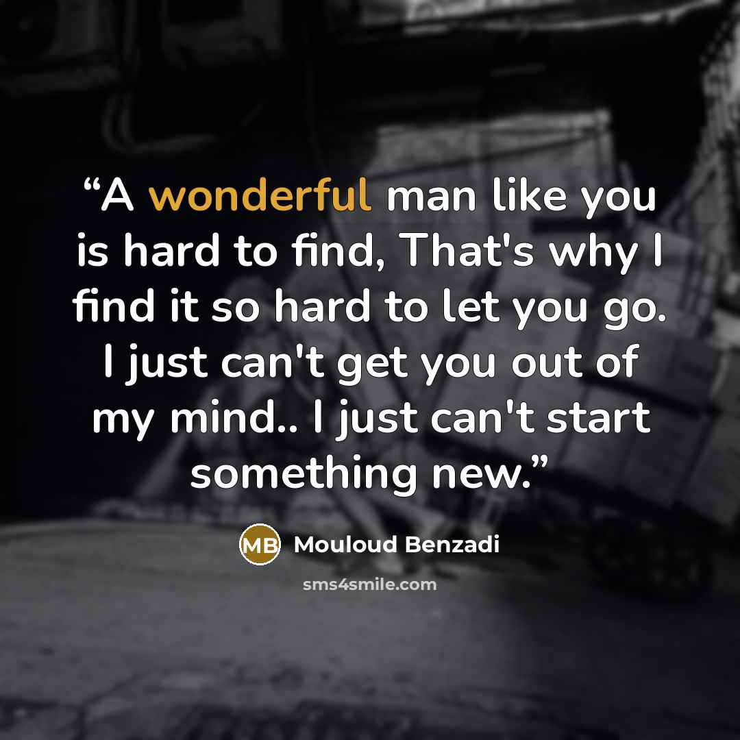 “A wonderful man like you is hard to find, That's why I find it so hard to let you go. I just can't get you out of my mind.. I just can't start something new.” quote by Mouloud Benzadi