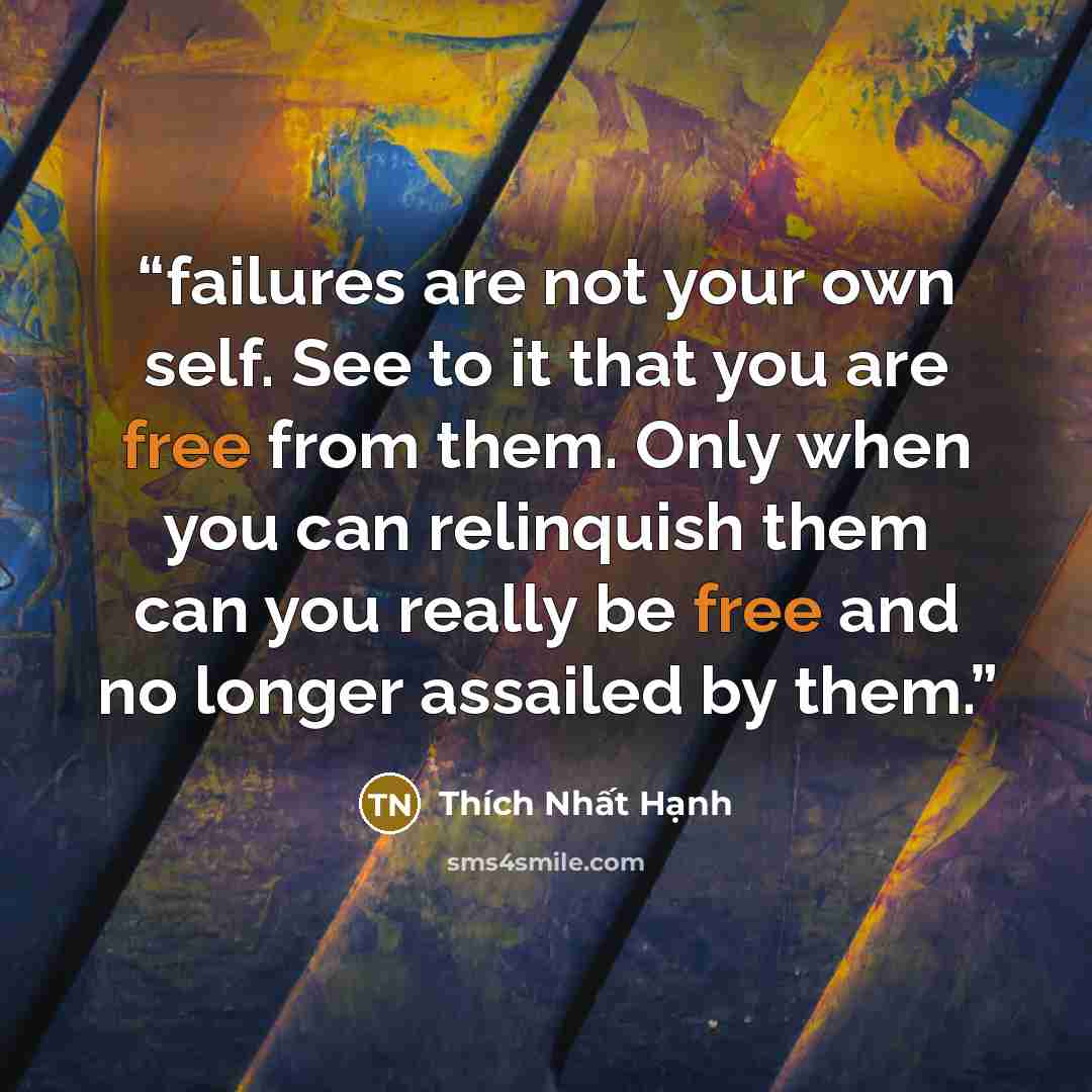 “failures are not your own self. See to it that you are free from them. Only when you can relinquish them can you really be free and no longer assailed by them.” quote by Thích Nhất Hạnh