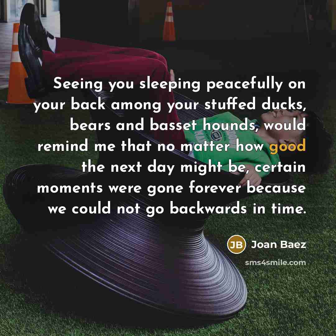 “Seeing you sleeping peacefully on your back among your stuffed ducks, bears and basset hounds, would remind me that no matter how good the next day might be, certain moments were gone forever because we could not go backwards in time.” quote by Joan Baez