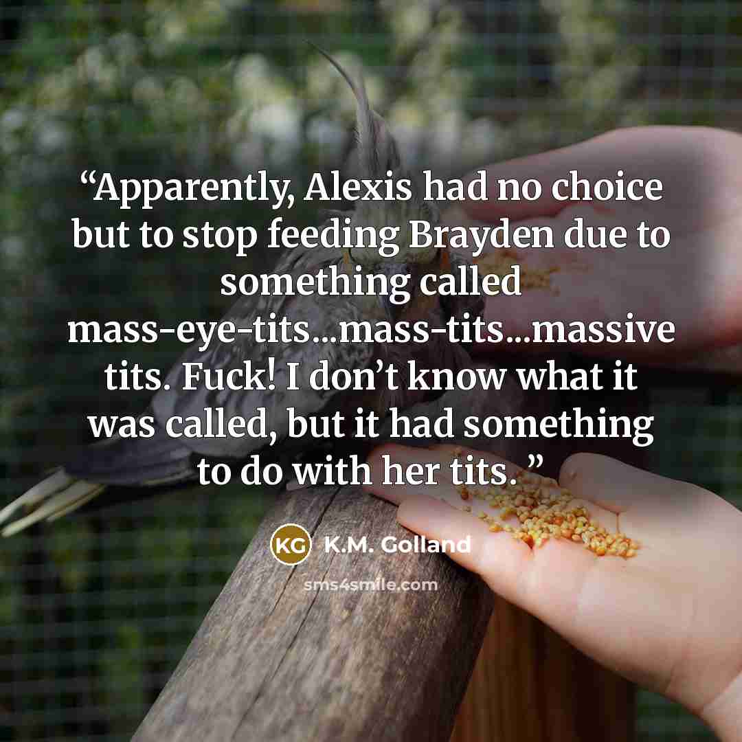 “Apparently, Alexis had no choice but to stop feeding Brayden due to something called mass-eye-tits...mass-tits...massive tits. Fuck! I don’t know what it was called, but it had something to do with her tits.” quote by K.M. Golland