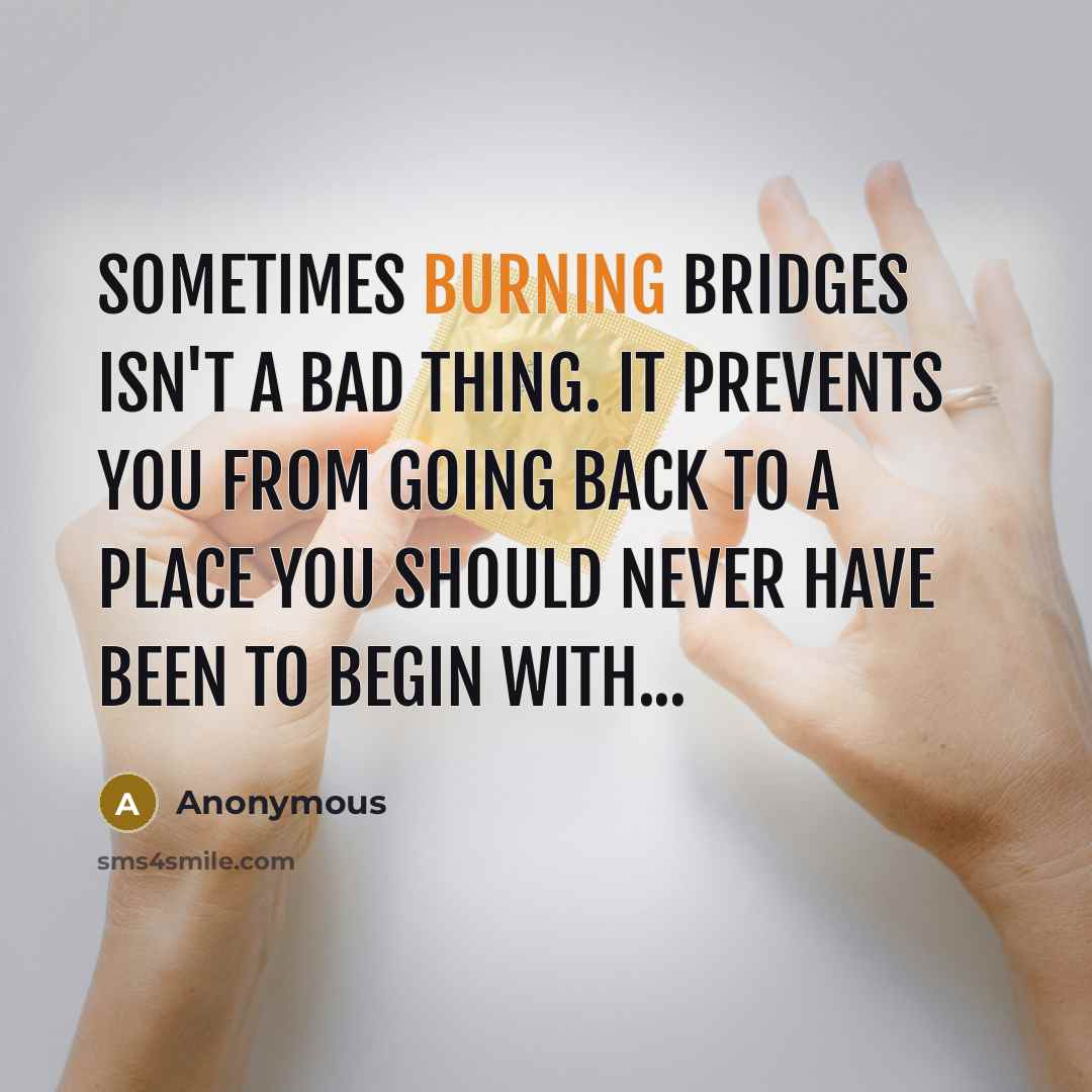 “Sometimes burning bridges isn't a bad thing. It prevents you from going back to a place you should never have been to begin with...” quote by Anonymous