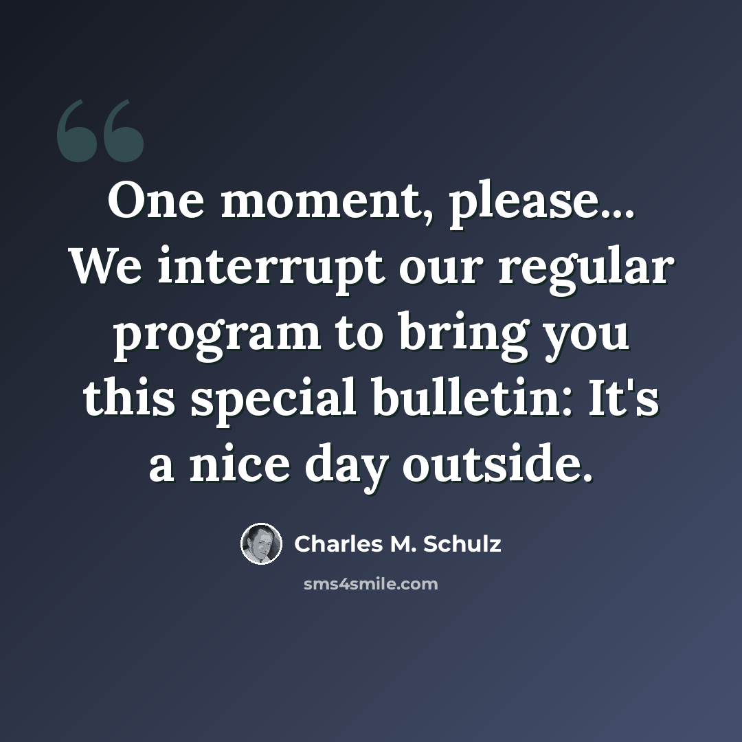 “One moment, please... We interrupt our regular program to bring you this special bulletin: It's a nice day outside.” quote by Charles M. Schulz