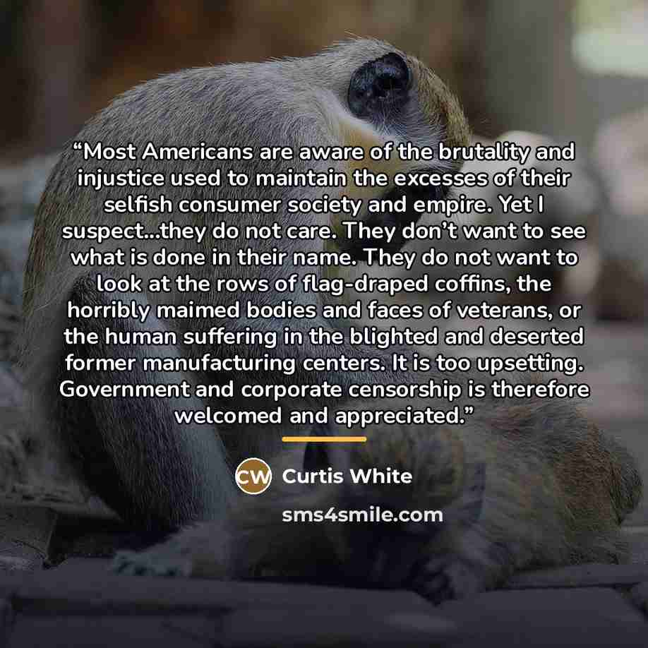 “Most Americans are aware of the brutality and injustice used to maintain the excesses of their selfish consumer society and empire. Yet I suspect...they do not care. They don’t want to see what is done in their name. They do not want to look at the rows of flag-draped coffins, the horribly maimed…” quote by Curtis White