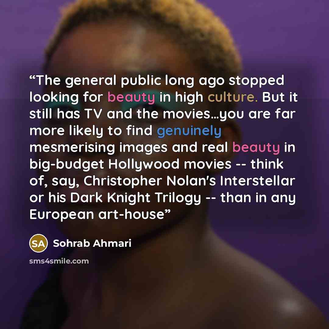 “The general public long ago stopped looking for beauty in high culture. But it still has TV and the movies…you are far more likely to find genuinely mesmerising images and real beauty in big-budget Hollywood movies -- think of, say, Christopher Nolan's Interstellar or his Dark Knight Trilogy…” quote by Sohrab Ahmari