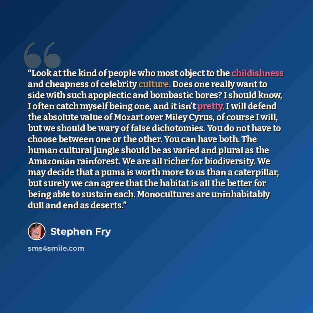 “Look at the kind of people who most object to the childishness and cheapness of celebrity culture. Does one really want to side with such apoplectic and bombastic bores? I should know, I often catch myself being one, and it isn’t pretty. I will defend the absolute value of Mozart over Miley Cyrus…” quote by Stephen Fry