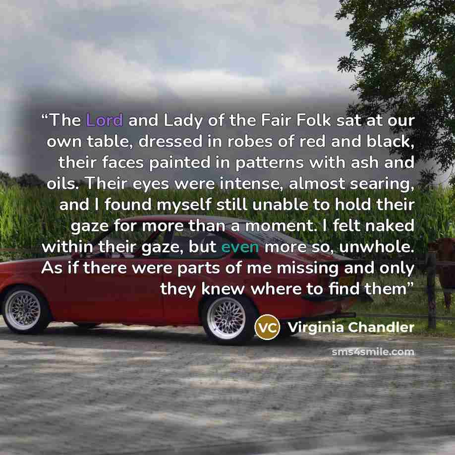 “The Lord and Lady of the Fair Folk sat at our own table, dressed in robes of red and black, their faces painted in patterns with ash and oils. Their eyes were intense, almost searing, and I found myself still unable to hold their gaze for more than a moment. I felt naked within their gaze, but…” quote by Virginia Chandler