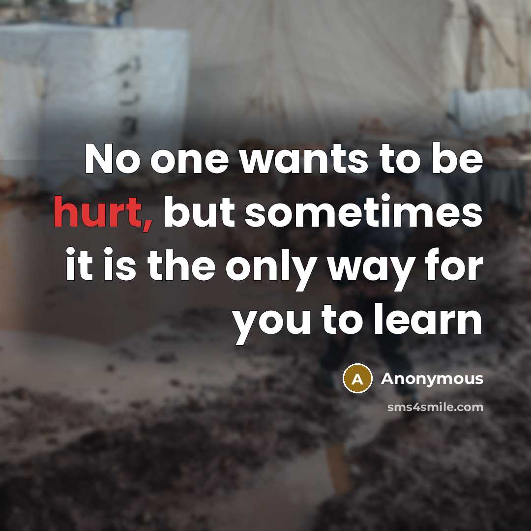 “No one wants to be hurt, but sometimes it is the only way for you to learn” quote by Anonymous