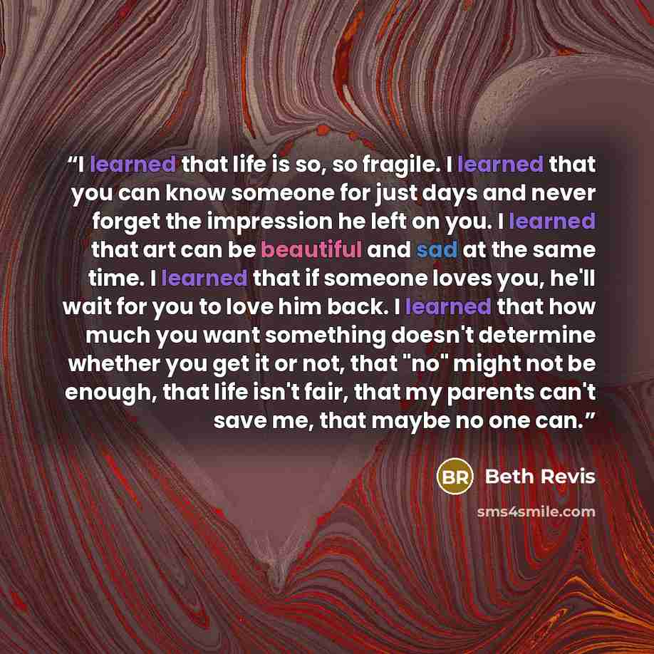 “I learned that life is so, so fragile. I learned that you can know someone for just days and never forget the impression he left on you. I learned that art can be beautiful and sad at the same time. I learned that if someone loves you, he'll wait for you to love him back. I learned that how much…” quote by Beth Revis