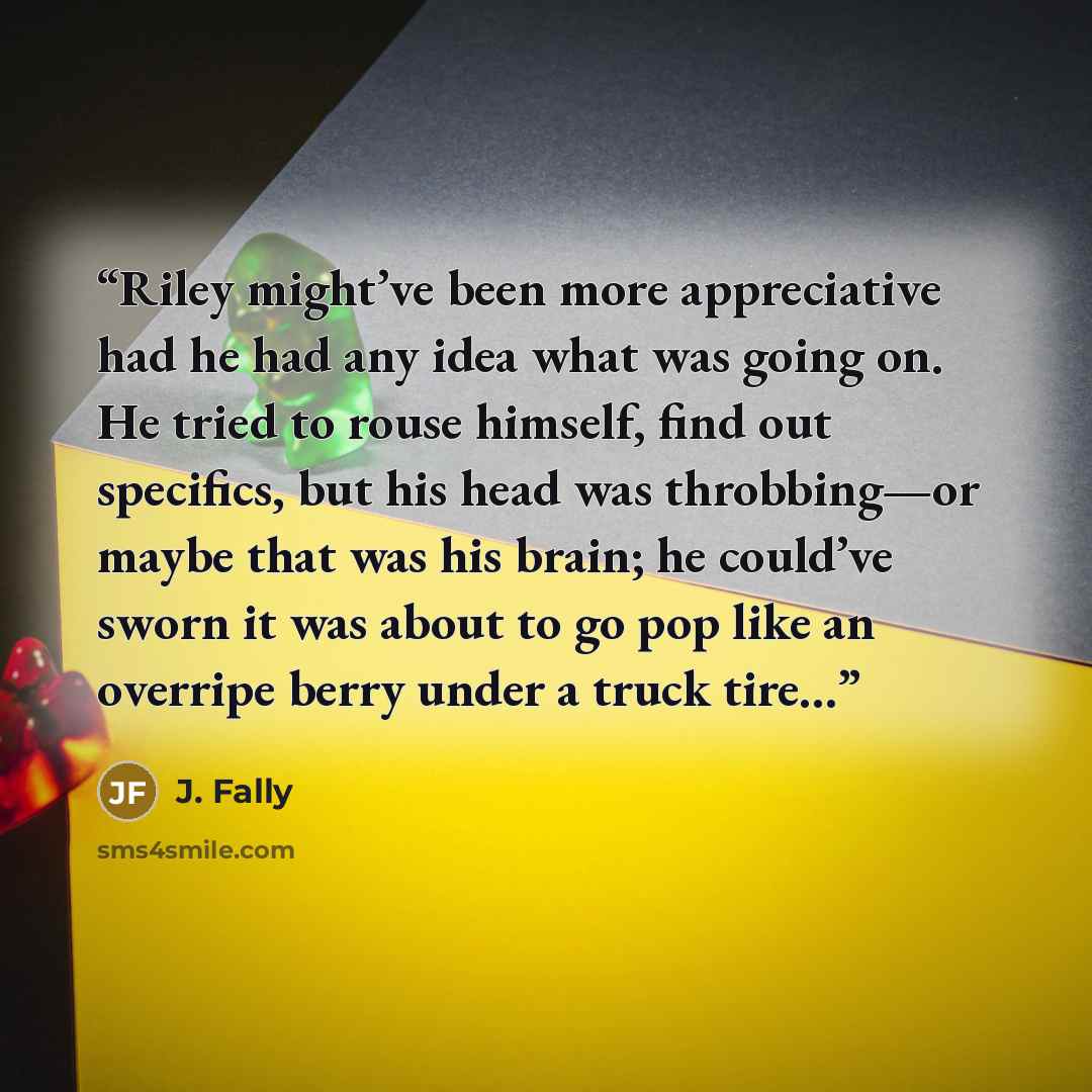 “Riley might’ve been more appreciative had he had any idea what was going on. He tried to rouse himself, find out specifics, but his head was throbbing—or maybe that was his brain; he could’ve sworn it was about to go pop like an overripe berry under a truck tire...” quote by J. Fally