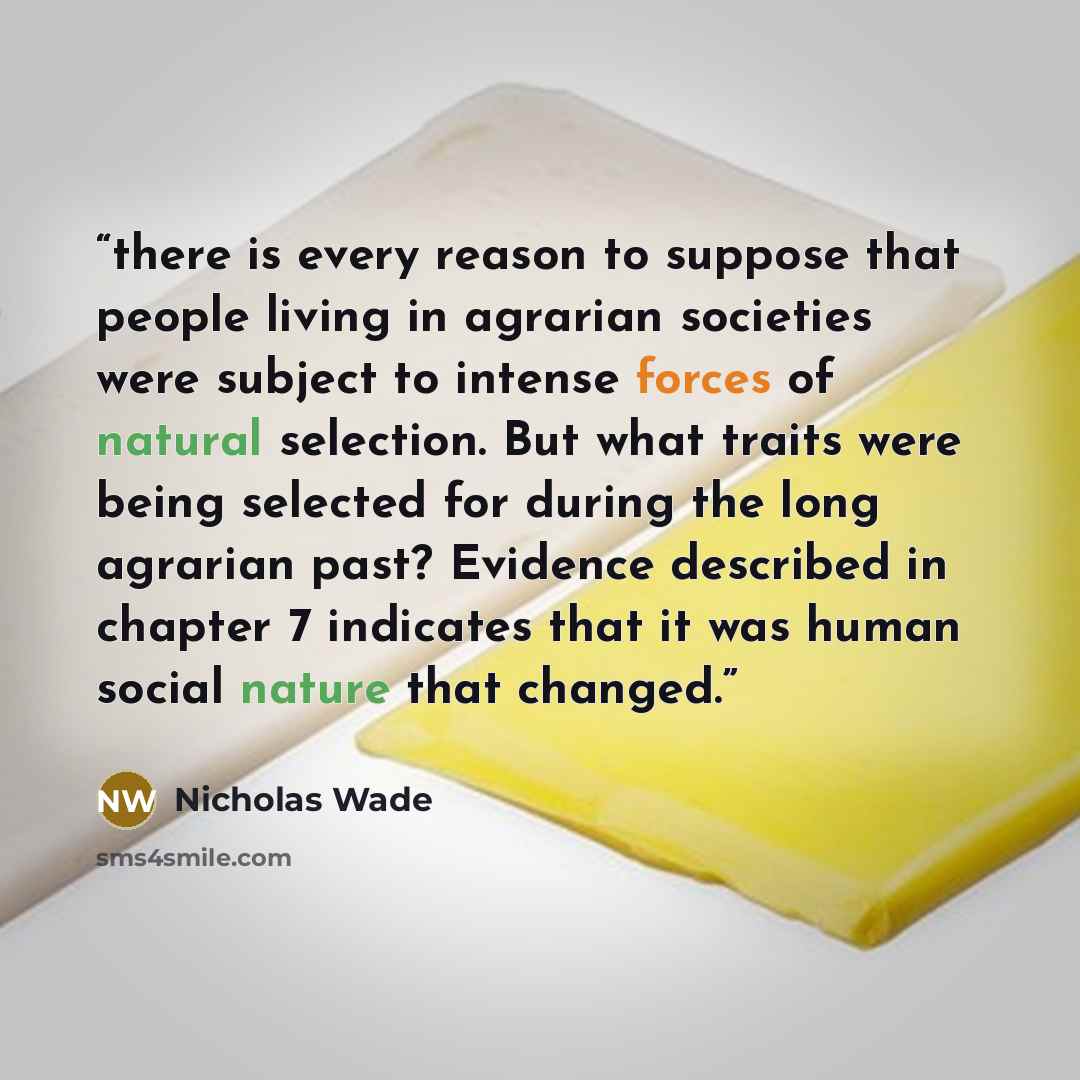 “there is every reason to suppose that people living in agrarian societies were subject to intense forces of natural selection. But what traits were being selected for during the long agrarian past? Evidence described in chapter 7 indicates that it was human social nature that changed.” quote by Nicholas Wade