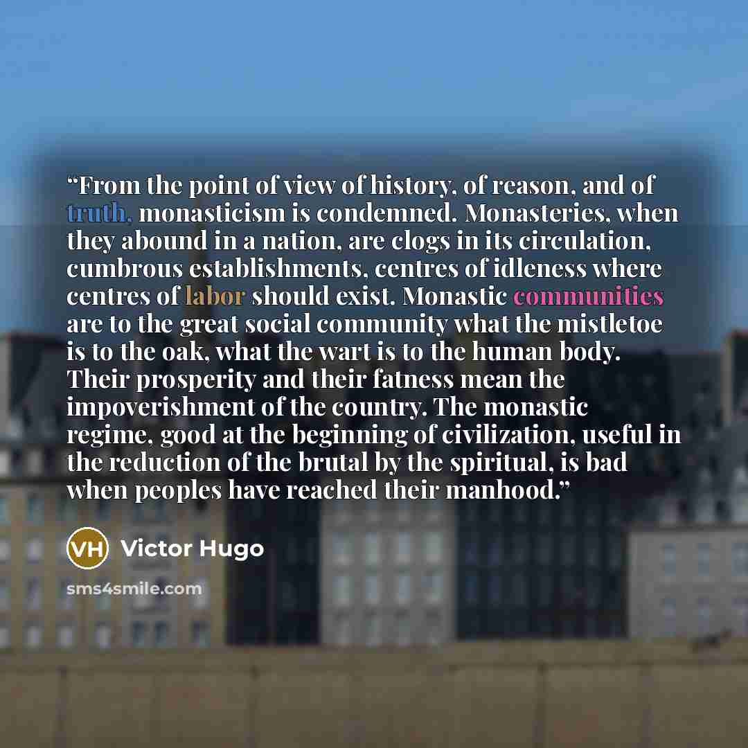 “From the point of view of history, of reason, and of truth, monasticism is condemned. Monasteries, when they abound in a nation, are clogs in its circulation, cumbrous establishments, centres of idleness where centres of labor should exist. Monastic communities are to the great social community…” quote by Victor Hugo