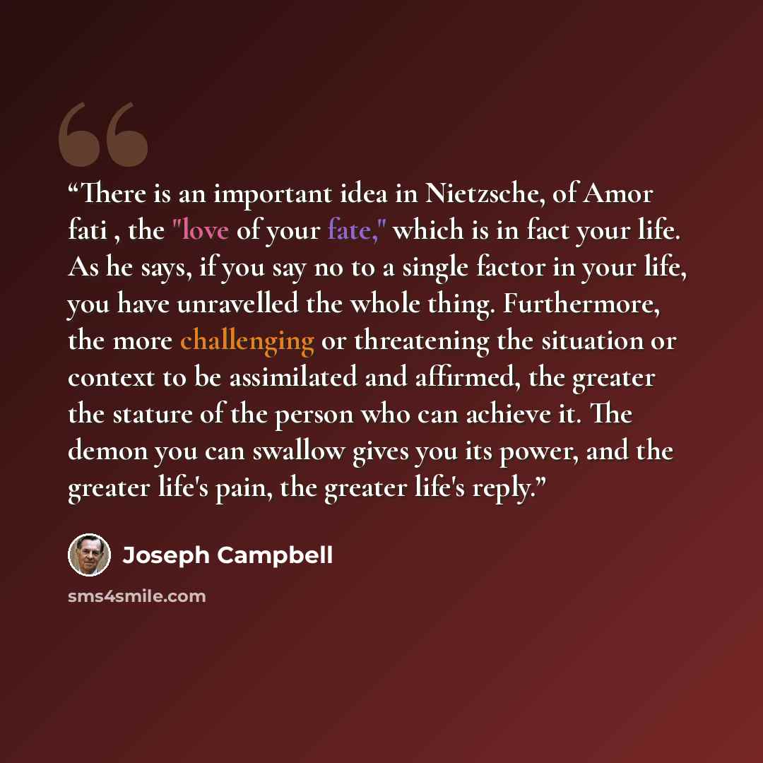 “There is an important idea in Nietzsche, of Amor fati , the "love of your fate," which is in fact your life. As he says, if you say no to a single factor in your life, you have unravelled the whole thing. Furthermore, the more challenging or threatening the situation or context to be assimilated…” quote by Joseph Campbell