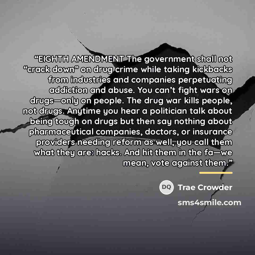 “EIGHTH AMENDMENT The government shall not “crack down” on drug crime while taking kickbacks from industries and companies perpetuating addiction and abuse. You can’t fight wars on drugs—only on people. The drug war kills people, not drugs. Anytime you hear a politician talk about being tough on…” quote by Trae Crowder