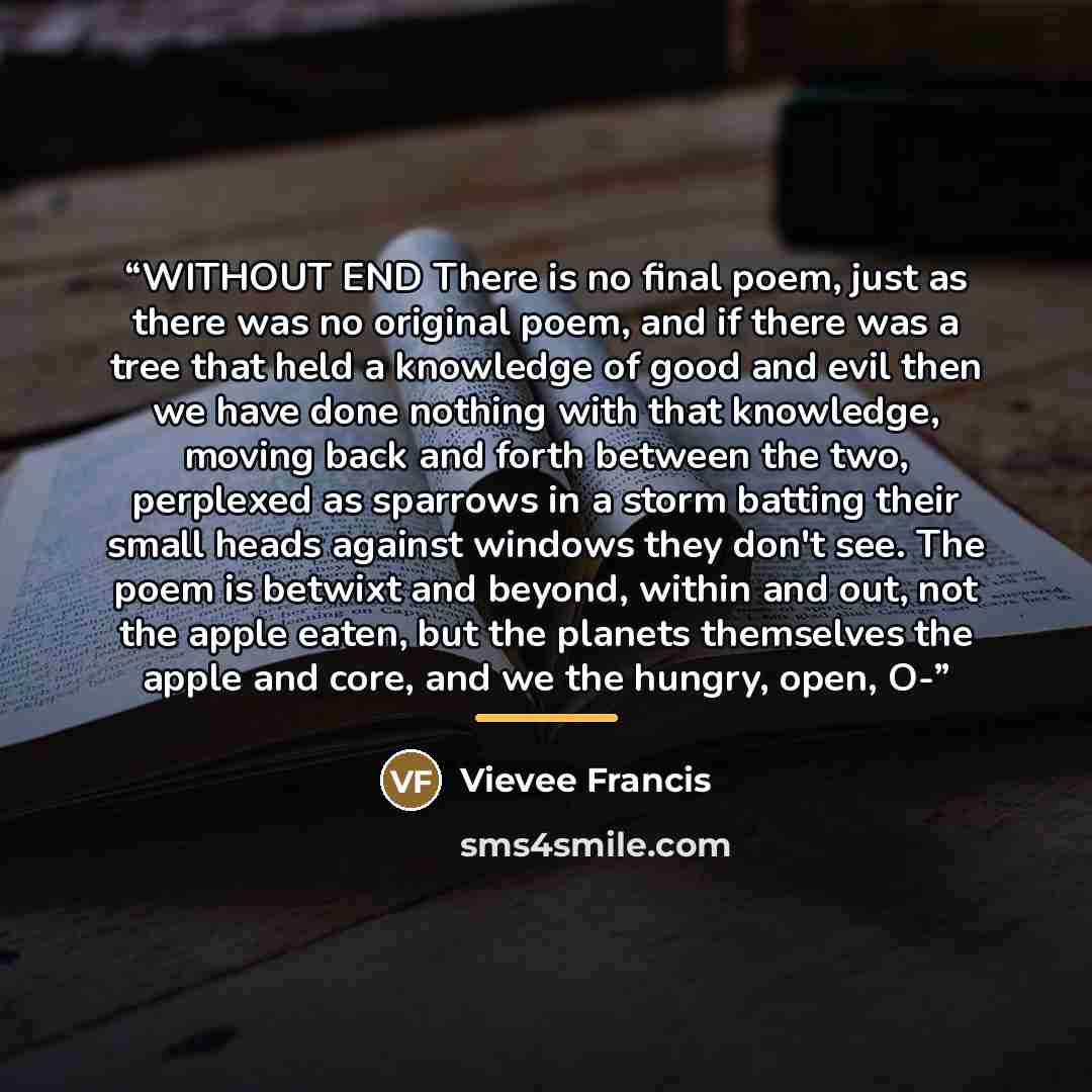 “WITHOUT END There is no final poem, just as there was no original poem, and if there was a tree that held a knowledge of good and evil then we have done nothing with that knowledge, moving back and forth between the two, perplexed as sparrows in a storm batting their small heads against windows…” quote by Vievee Francis
