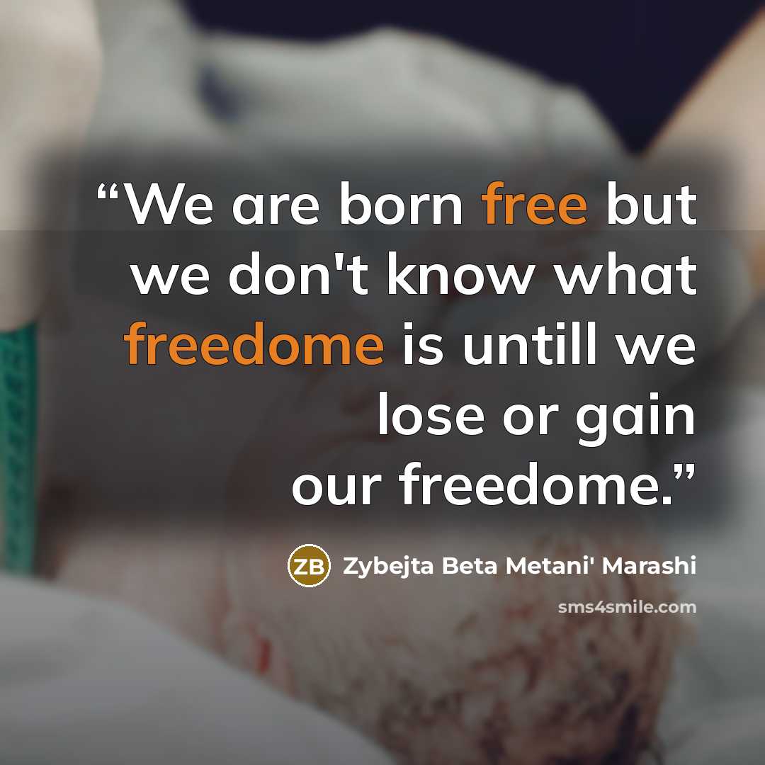 “We are born free but we don't know what freedome is untill we lose or gain our freedome.” quote by Zybejta Beta Metani' Marashi
