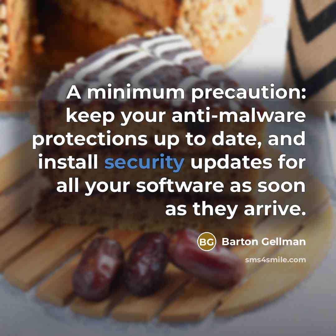 “A minimum precaution: keep your anti-malware protections up to date, and install security updates for all your software as soon as they arrive.” quote by Barton Gellman